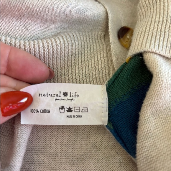 Natural Life Rainbow Stripe Cardigan Sweater L/XL Beige 100% Cotton Boho - Picture 6 of 6